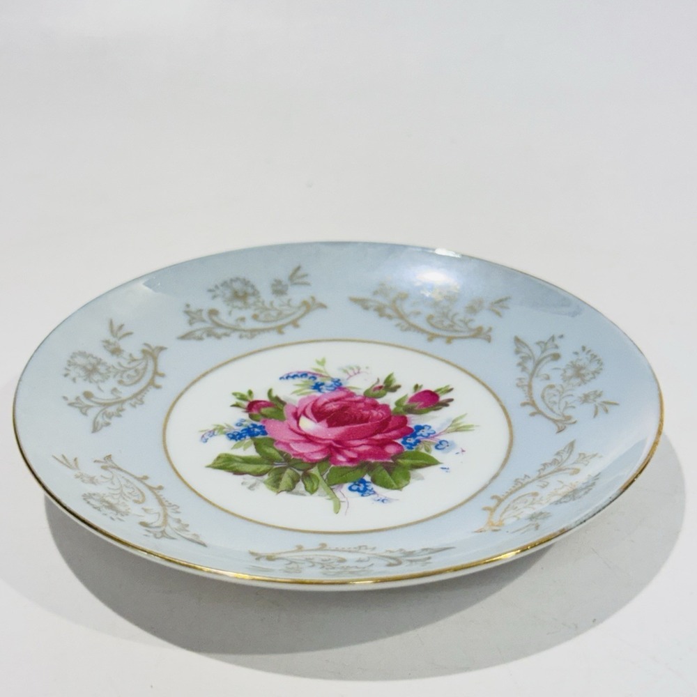 Vintage Royal Halsey Saucer‎ Very Fine China Gold Trim Blue & Red Floral Rose